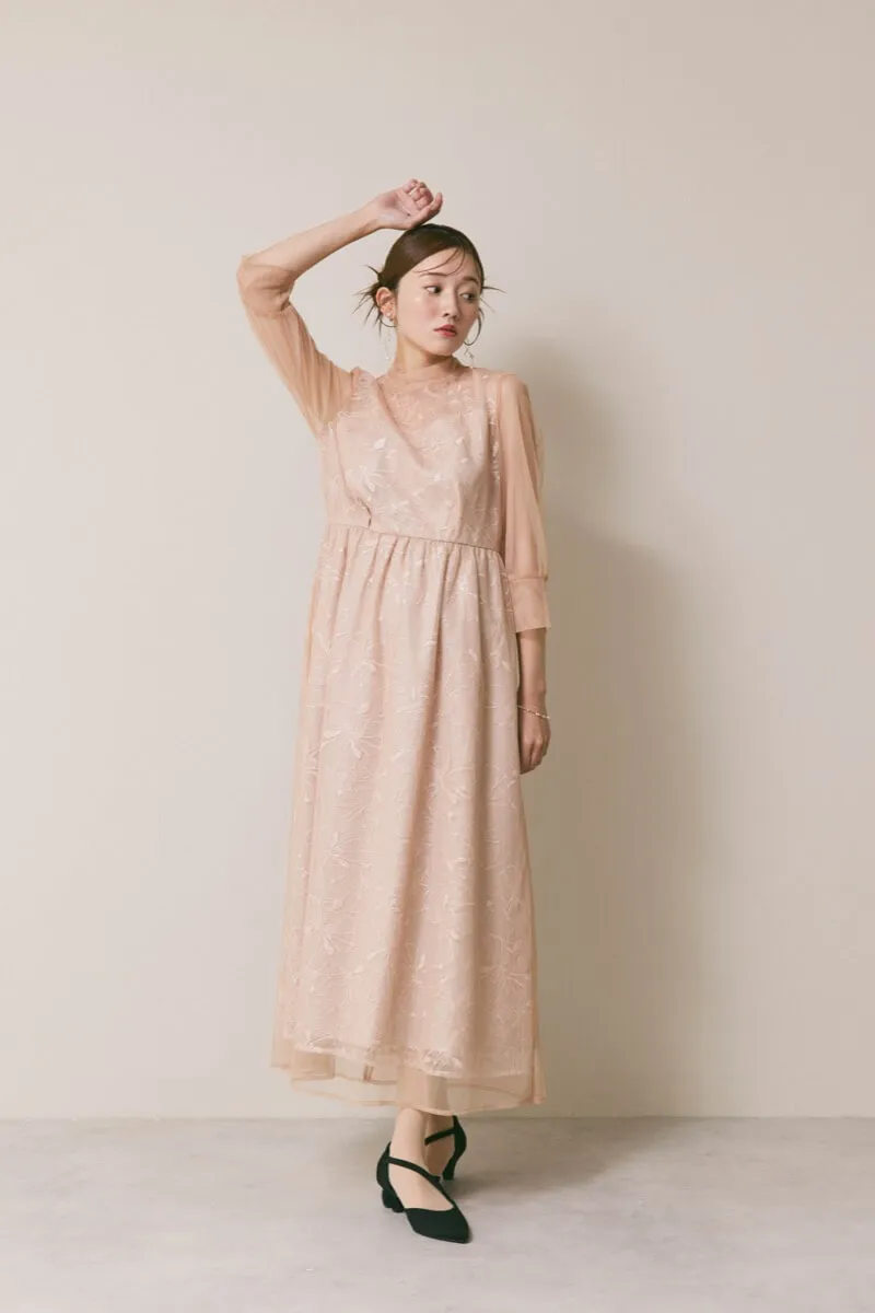 ベージュのレースミックスチュールドレス　S/kaene