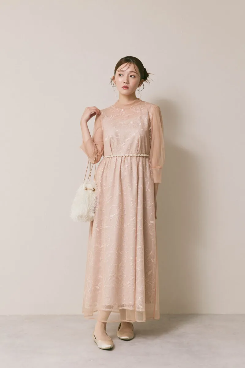 ベージュのレースミックスチュールドレス　S/kaene
