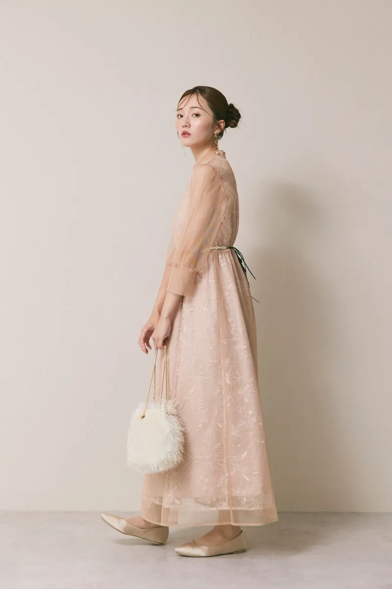 ベージュのレースミックスチュールドレス　S/kaene