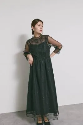 ブラックのレースミックスチュールドレス　S/kaene