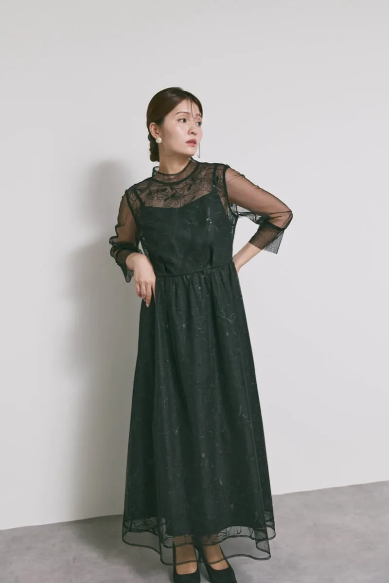 ブラックのレースミックスチュールドレス　S/kaene