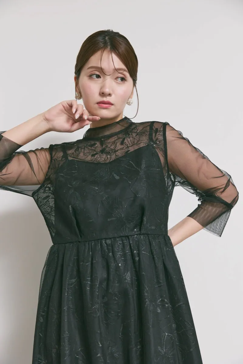 ブラックのレースミックスチュールドレス　S/kaene