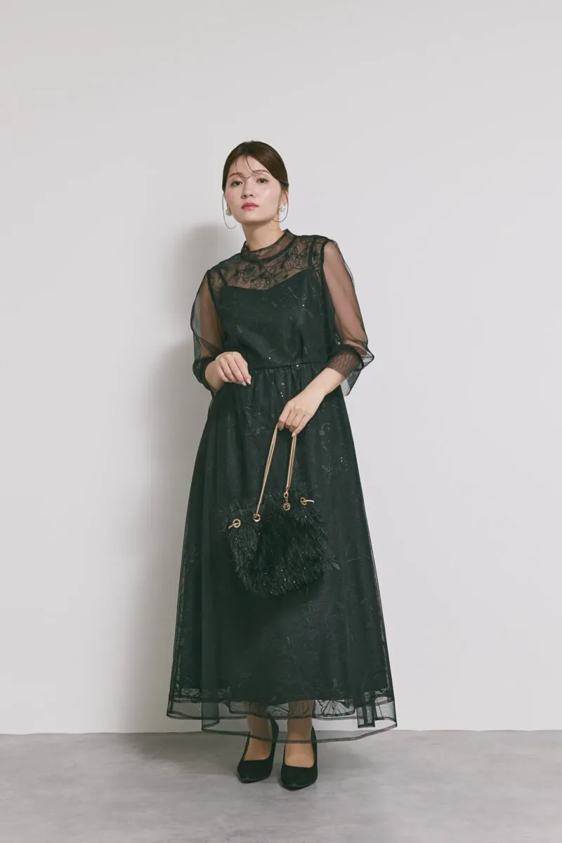 ブラックのレースミックスチュールドレス　S/kaene