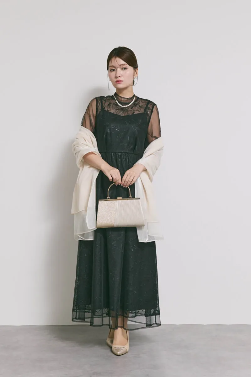 ブラックのレースミックスチュールドレス　S/kaene