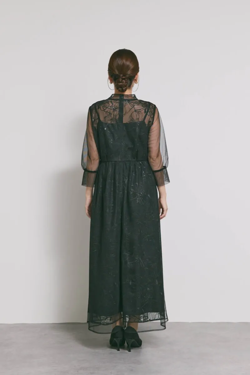 ブラックのレースミックスチュールドレス　S/kaene