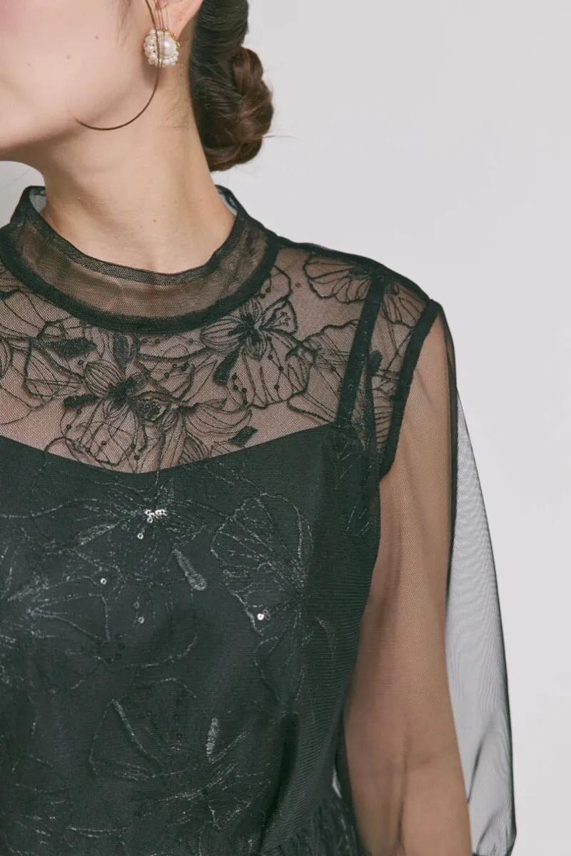 ブラックのレースミックスチュールドレス　S/kaene