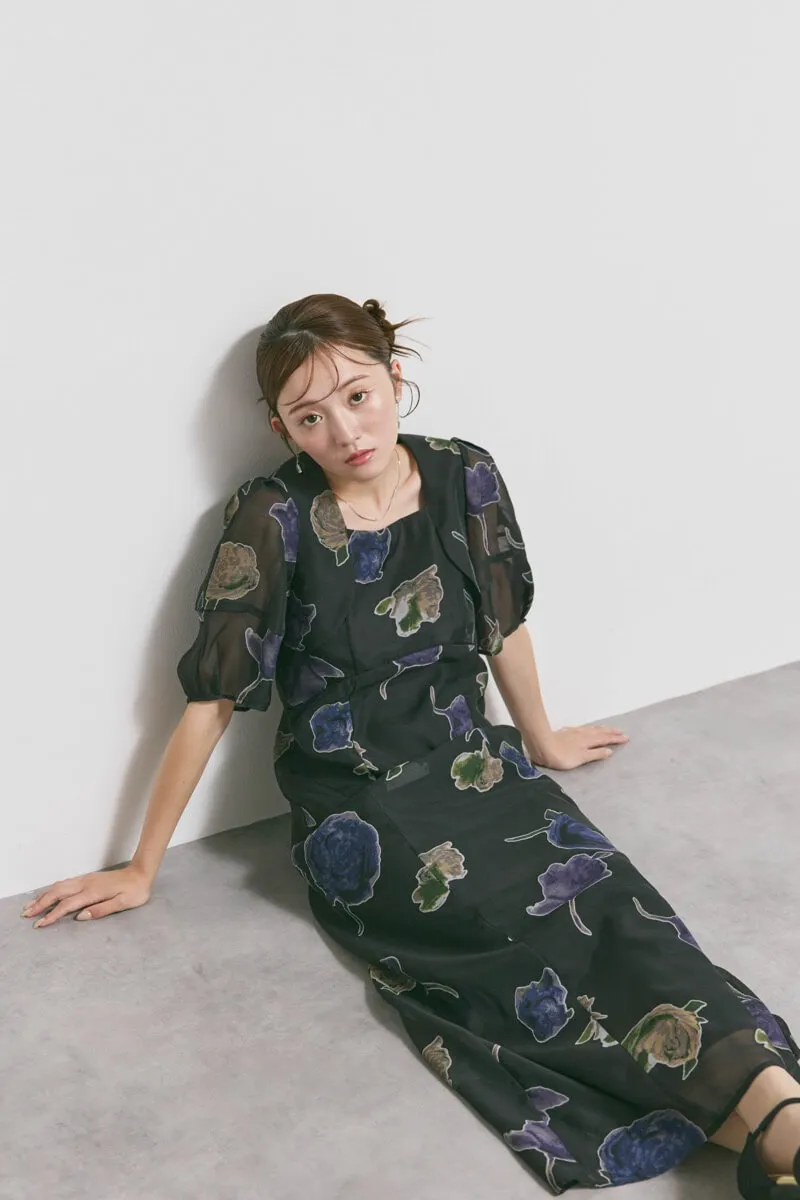 ブラックのフラワープリントオケージョンドレス　S/Ameri VINTAGE