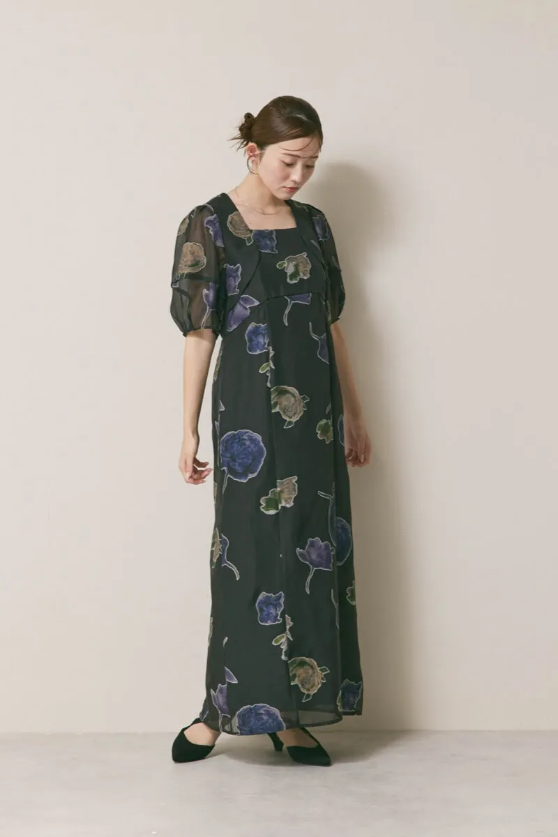 ブラックのフラワープリントオケージョンドレス　S/Ameri VINTAGE