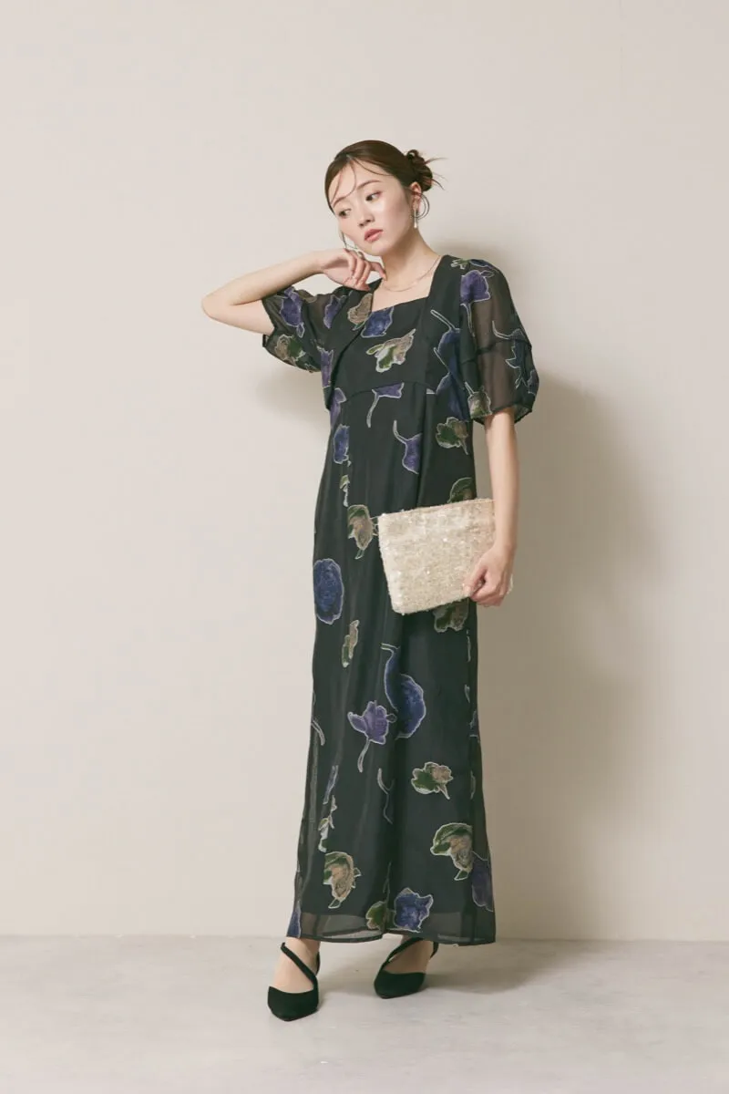 ブラックのフラワープリントオケージョンドレス　S/Ameri VINTAGE