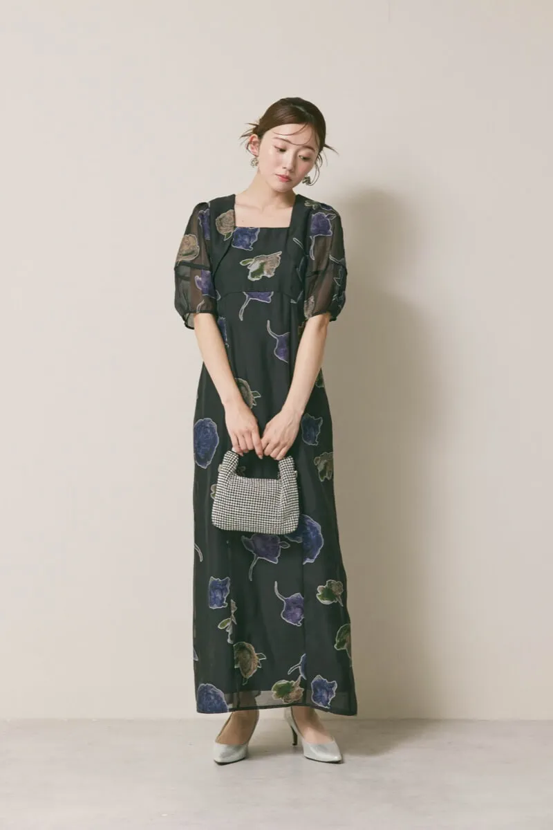 ブラックのフラワープリントオケージョンドレス　S/Ameri VINTAGE