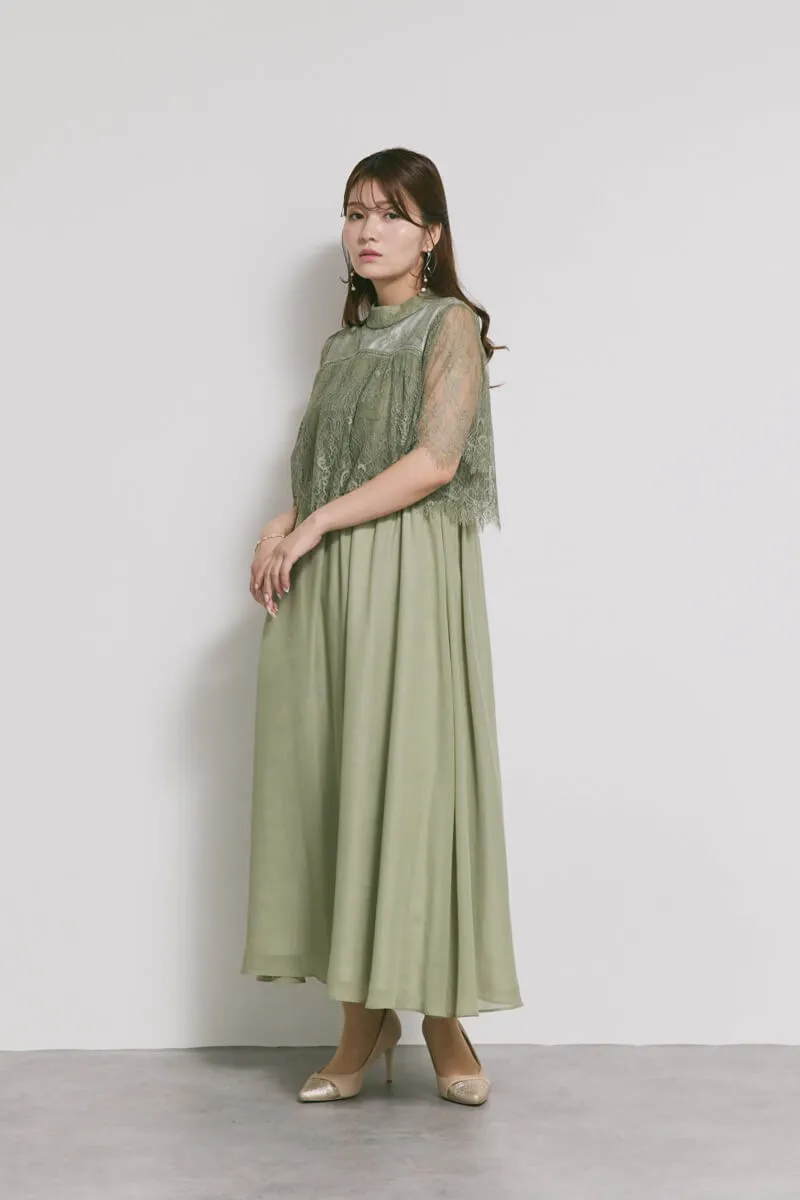 モーヴグリーンの授乳口付ハイネックレースドレス　S〜M/Select Shop