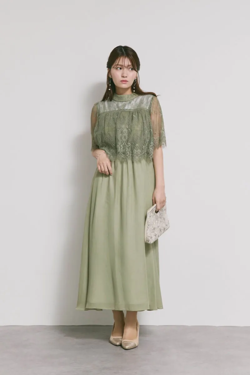 モーヴグリーンの授乳口付ハイネックレースドレス　S〜M/Select Shop