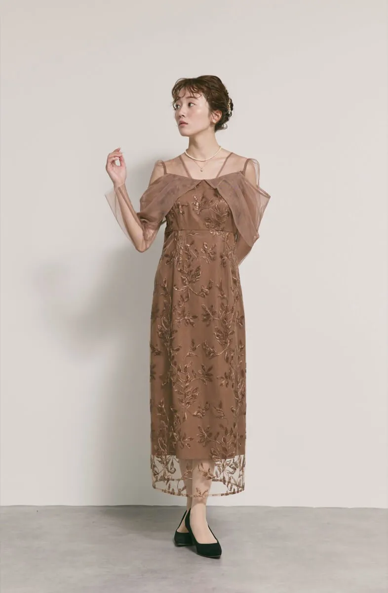 ブラウンのチュールスリーブIラインドレス　M/Leja