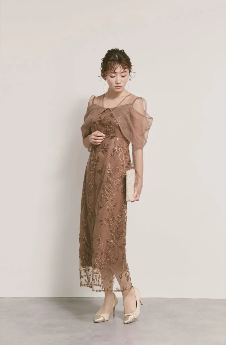 ブラウンのチュールスリーブIラインドレス　M/Leja