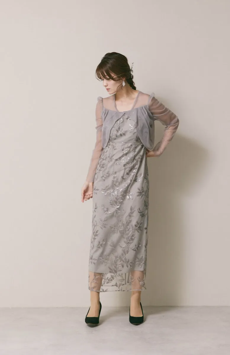 グレーのチュールスリーブIラインドレス　M/Leja
