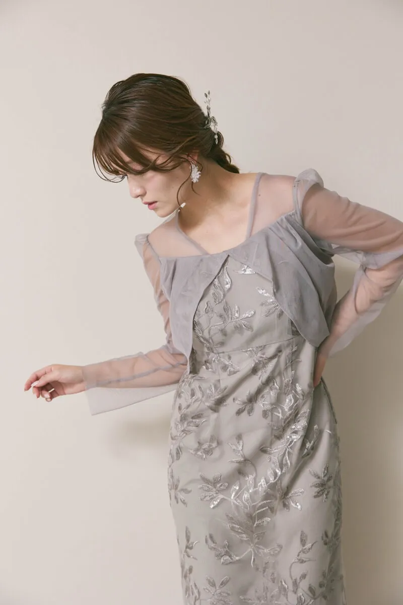 グレーのチュールスリーブIラインドレス　M/Leja