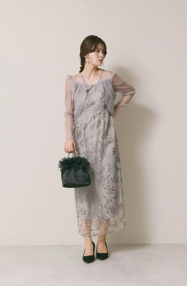 グレーのチュールスリーブIラインドレス　M/Leja
