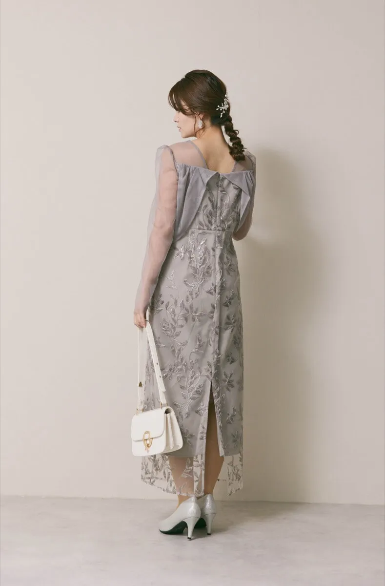 グレーのチュールスリーブIラインドレス　M/Leja