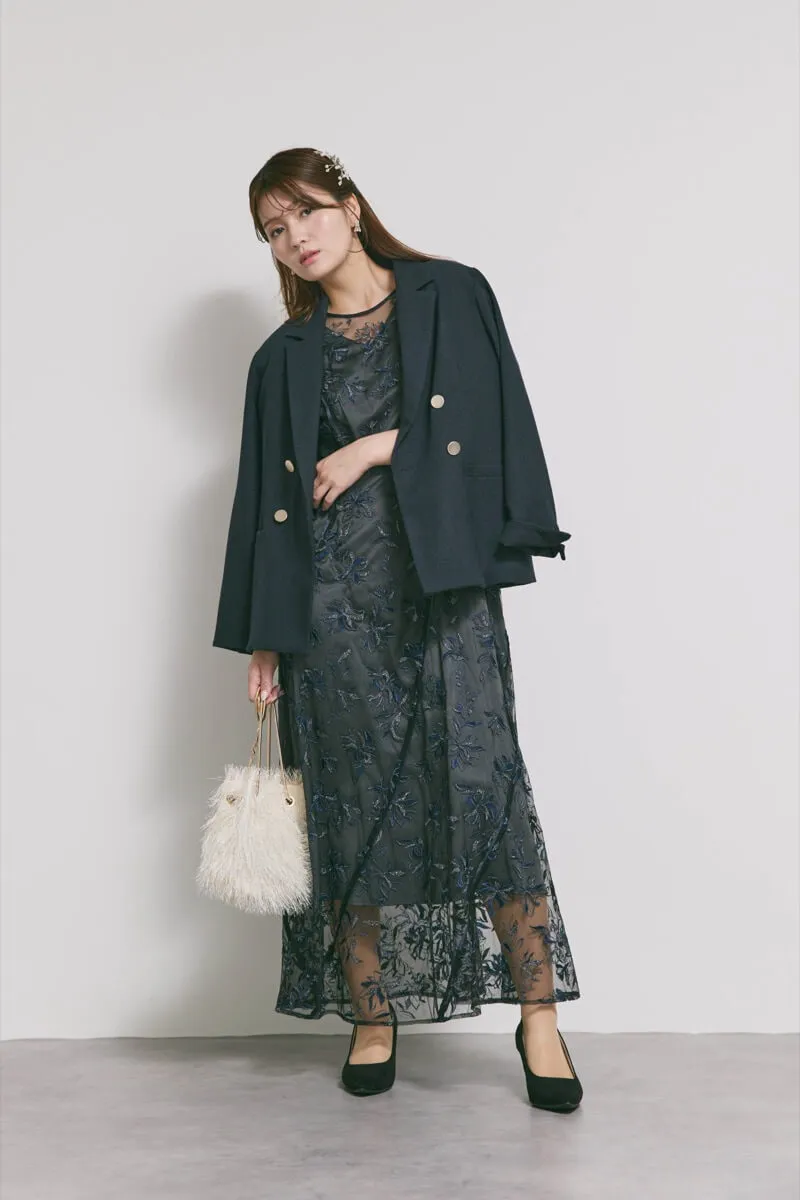 ブラックのチュールラメ刺繍ドレス