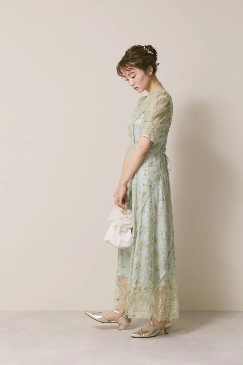 ミントのチュールラメ刺繍ドレス