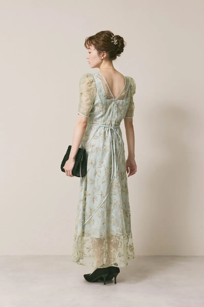 ミントのチュールラメ刺繍ドレス