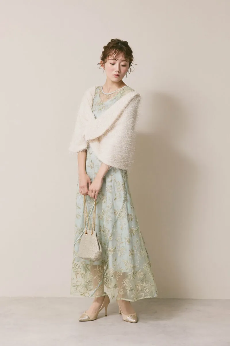 ミントのチュールラメ刺繍ドレス