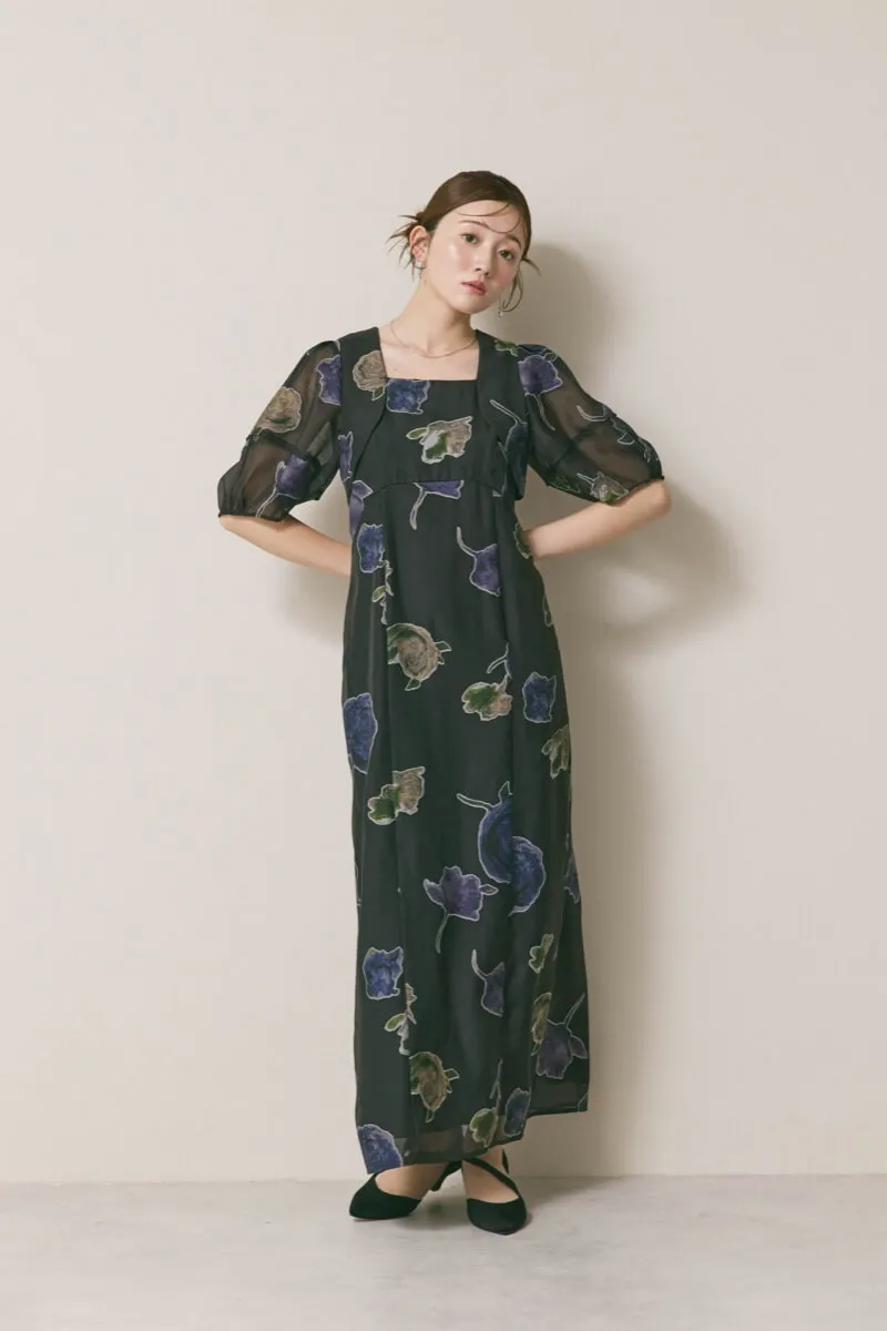 ブラックのフラワープリントオケージョンドレス