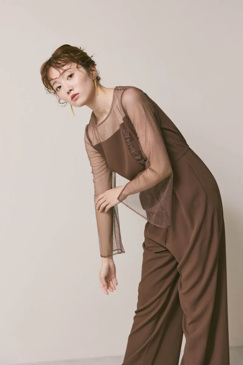 ブラウンのラメチュールパンツドレス