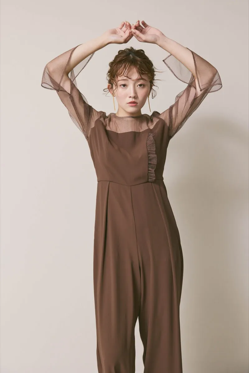 ブラウンのラメチュールパンツドレス