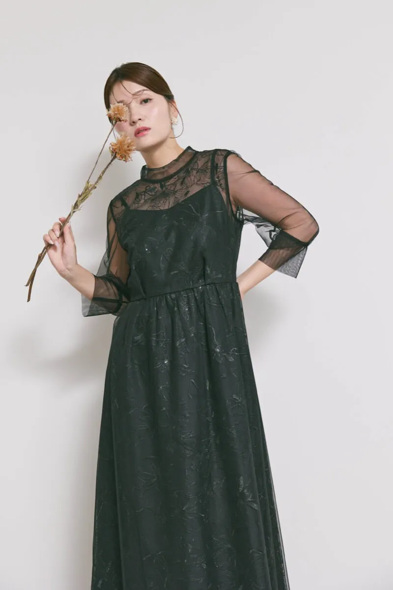 ブラックのレースミックスチュールドレス　M/kaene