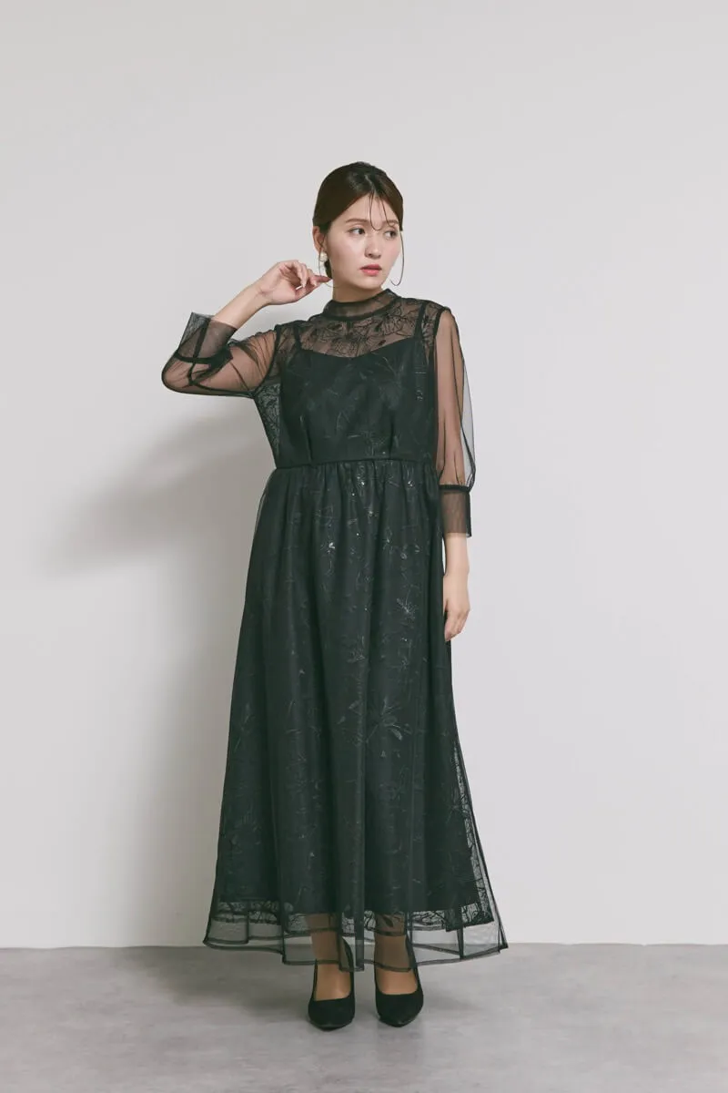 ブラックのレースミックスチュールドレス　M/kaene