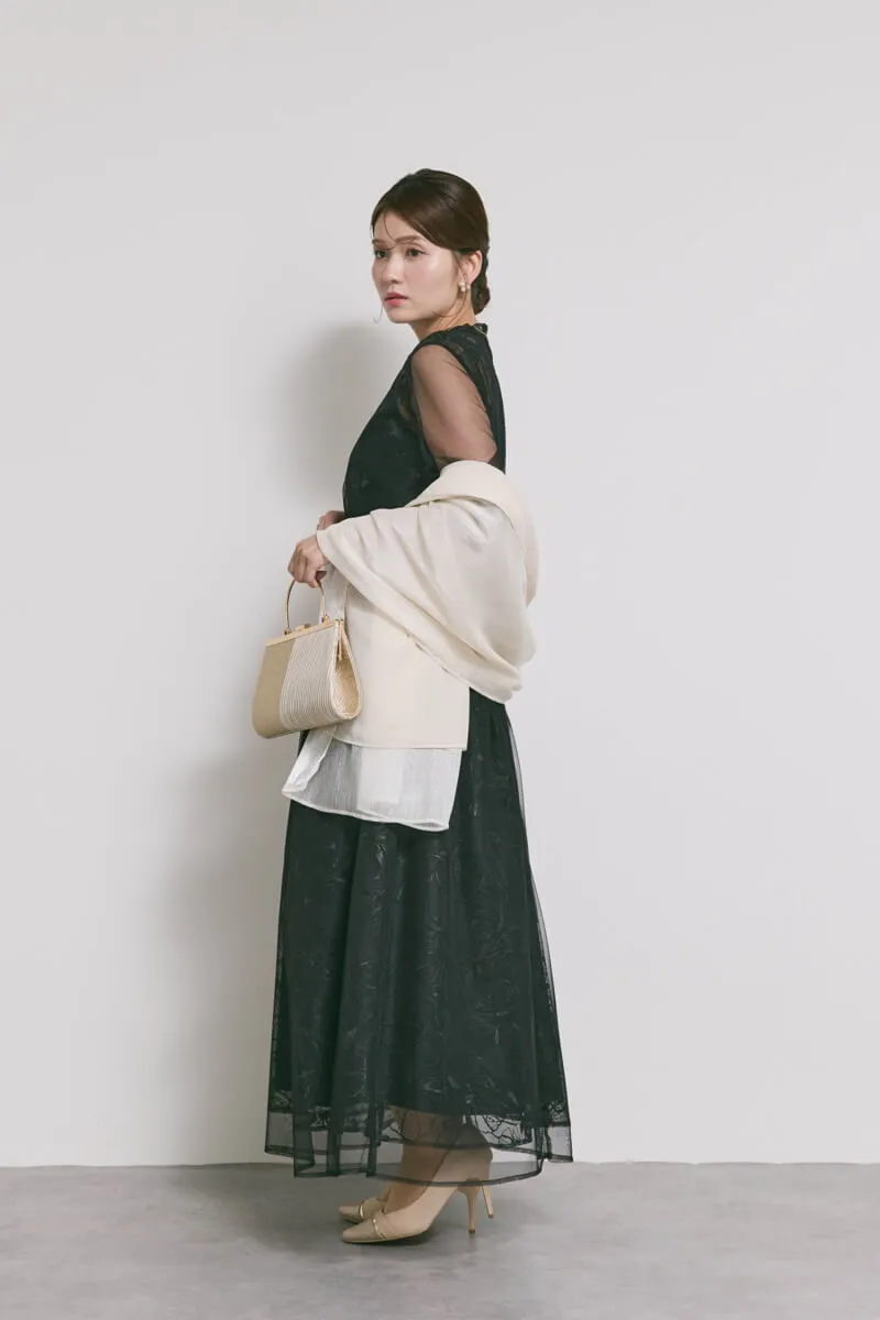 ブラックのレースミックスチュールドレス　M/kaene