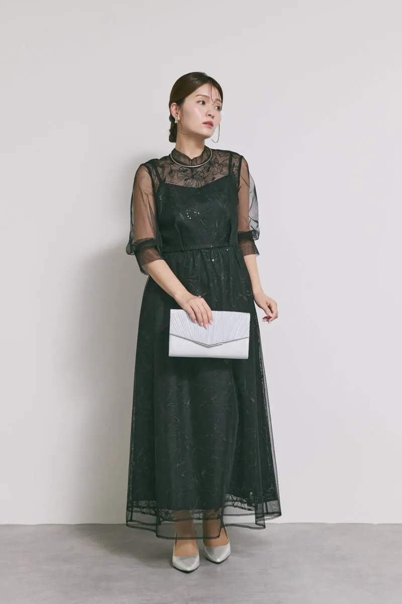 ブラックのレースミックスチュールドレス　M/kaene