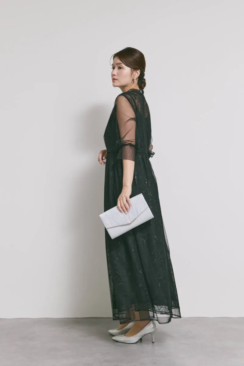 ブラックのレースミックスチュールドレス　M/kaene