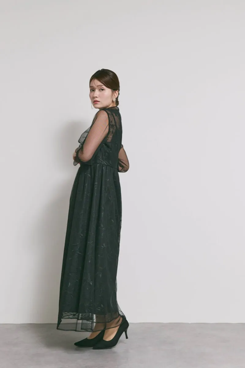 ブラックのレースミックスチュールドレス　M/kaene