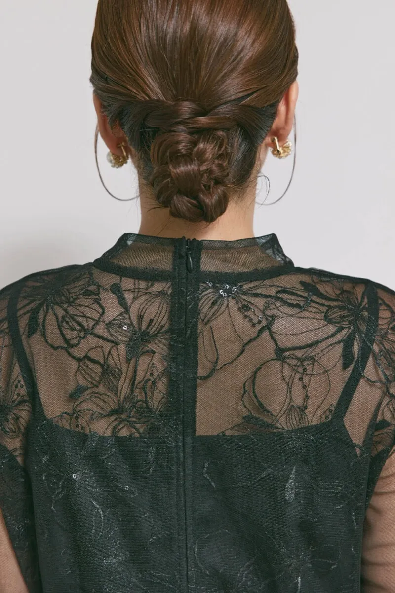 ブラックのレースミックスチュールドレス　M/kaene