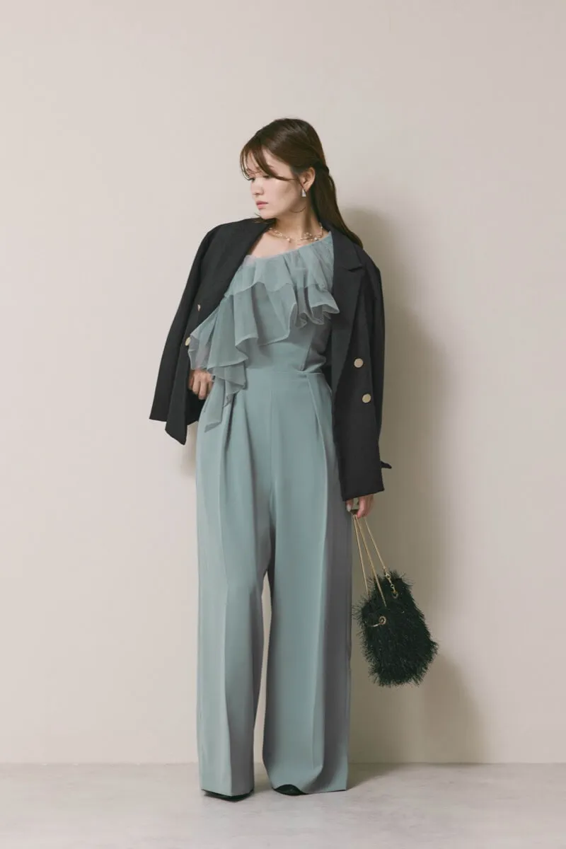 ブルーのチュールカラーベアパンツドレス　M/LAGUNAMOON