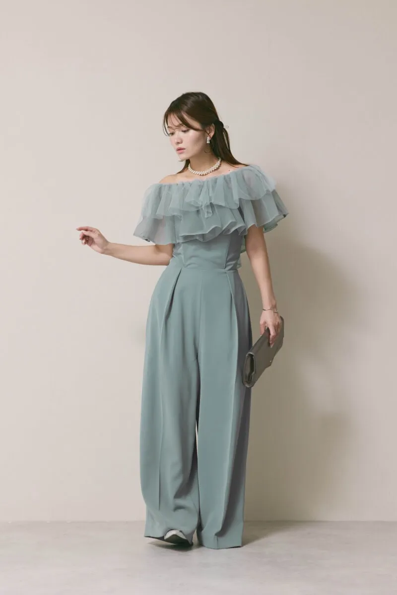 ブルーのチュールカラーベアパンツドレス　M/LAGUNAMOON