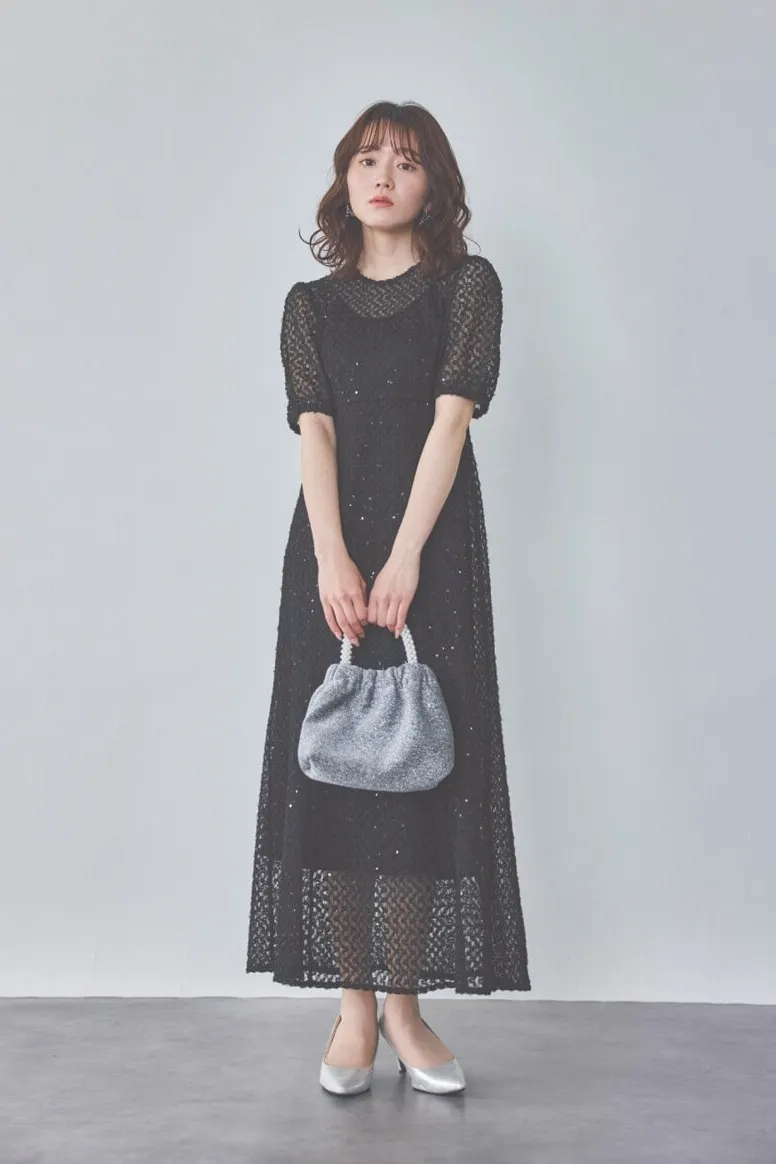 ブラックのスパンコールレースドレス　S/kaene