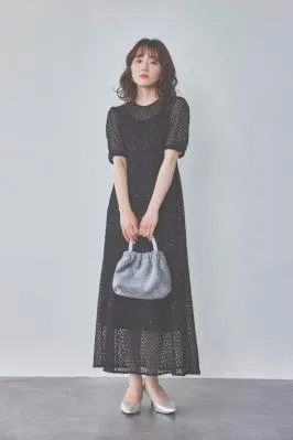 ブラックのスパンコールレースドレス　S/kaene