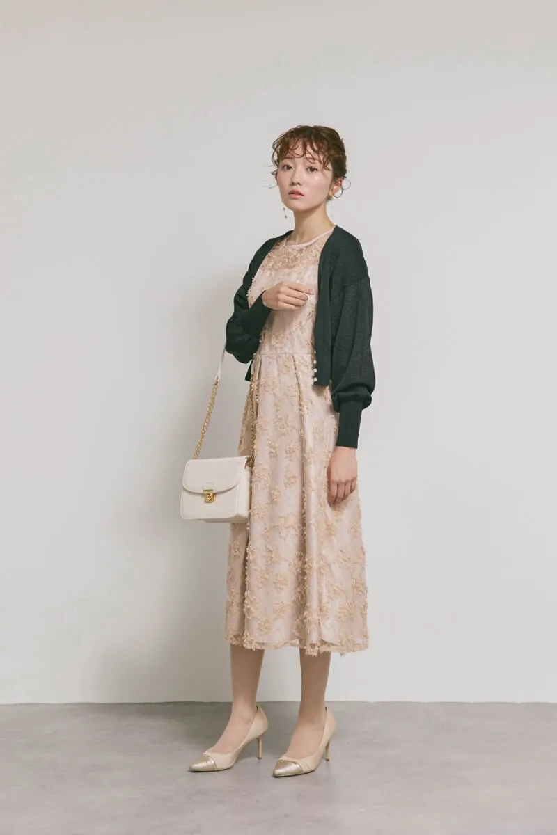 ベージュのフラワーエンブロイダリーレースドレス　M/Select Shop