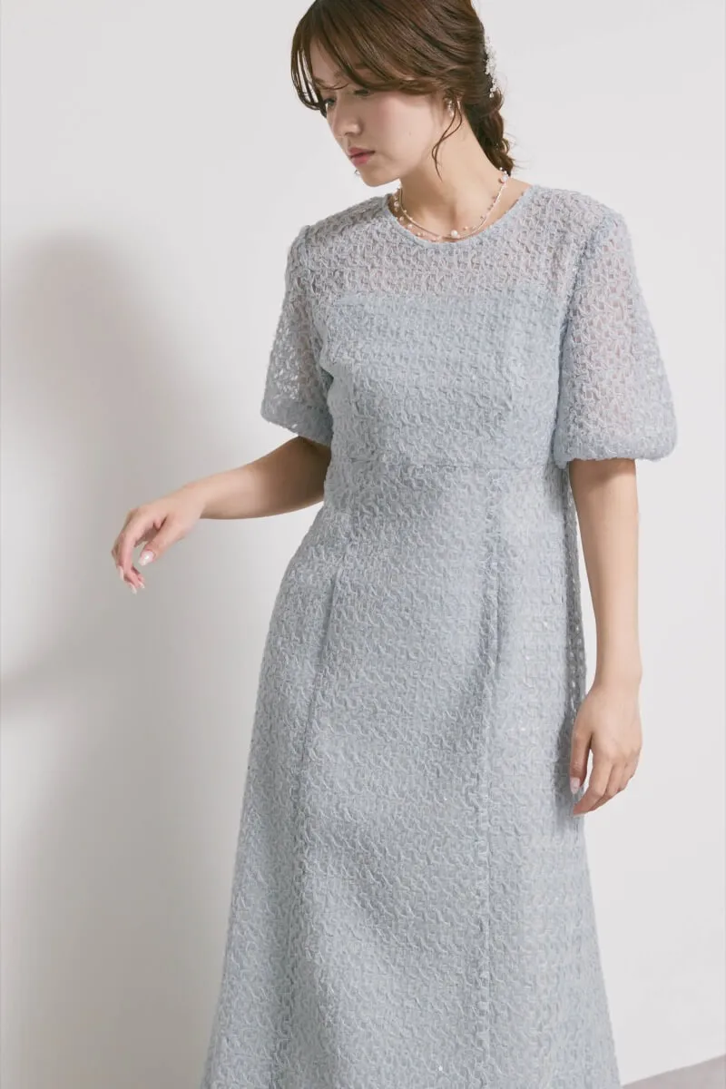 サックスのスパンコールレースドレス　M/kaene