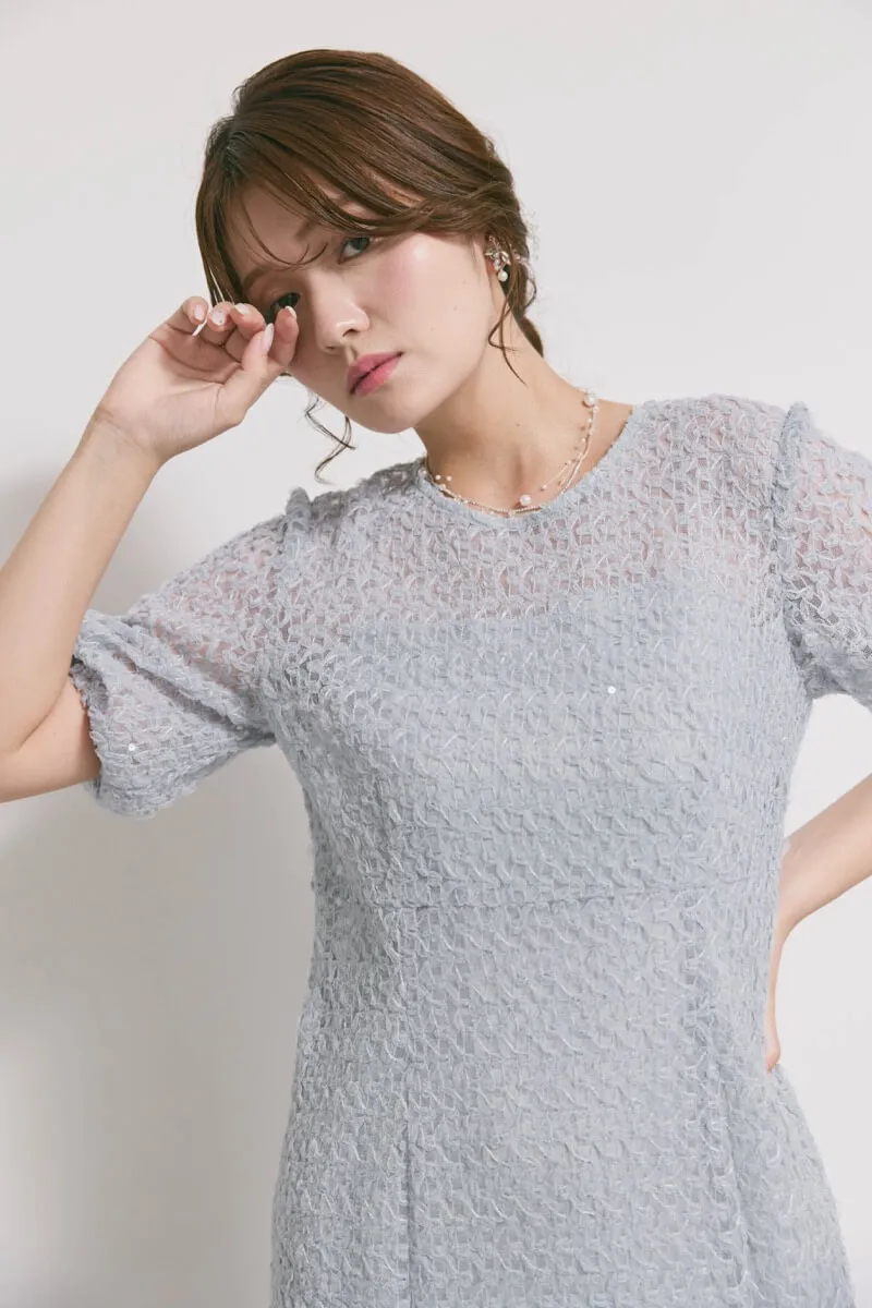 サックスのスパンコールレースドレス　M/kaene