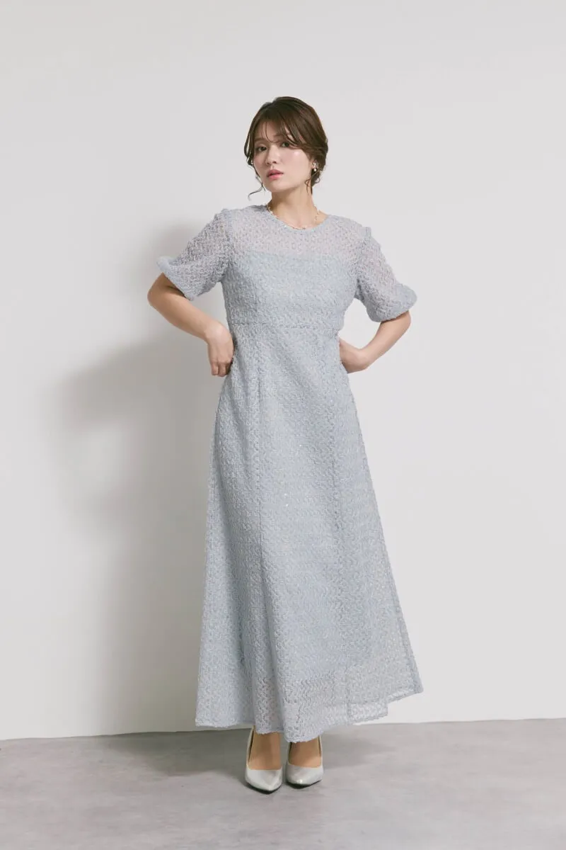 サックスのスパンコールレースドレス　M/kaene