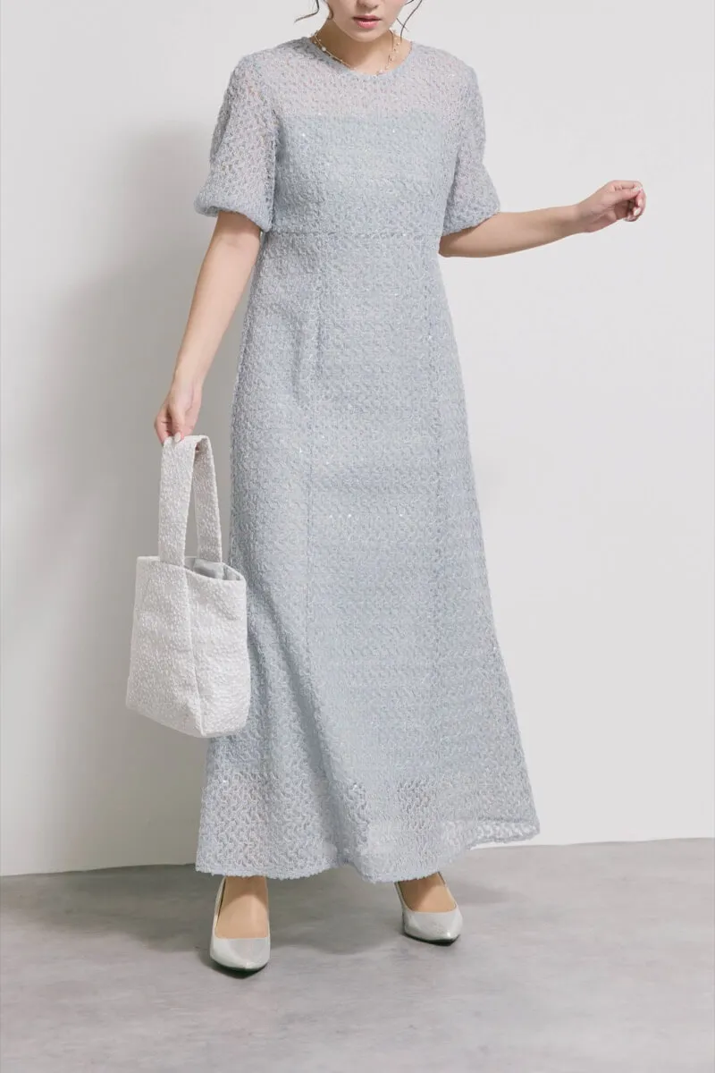 サックスのスパンコールレースドレス　M/kaene