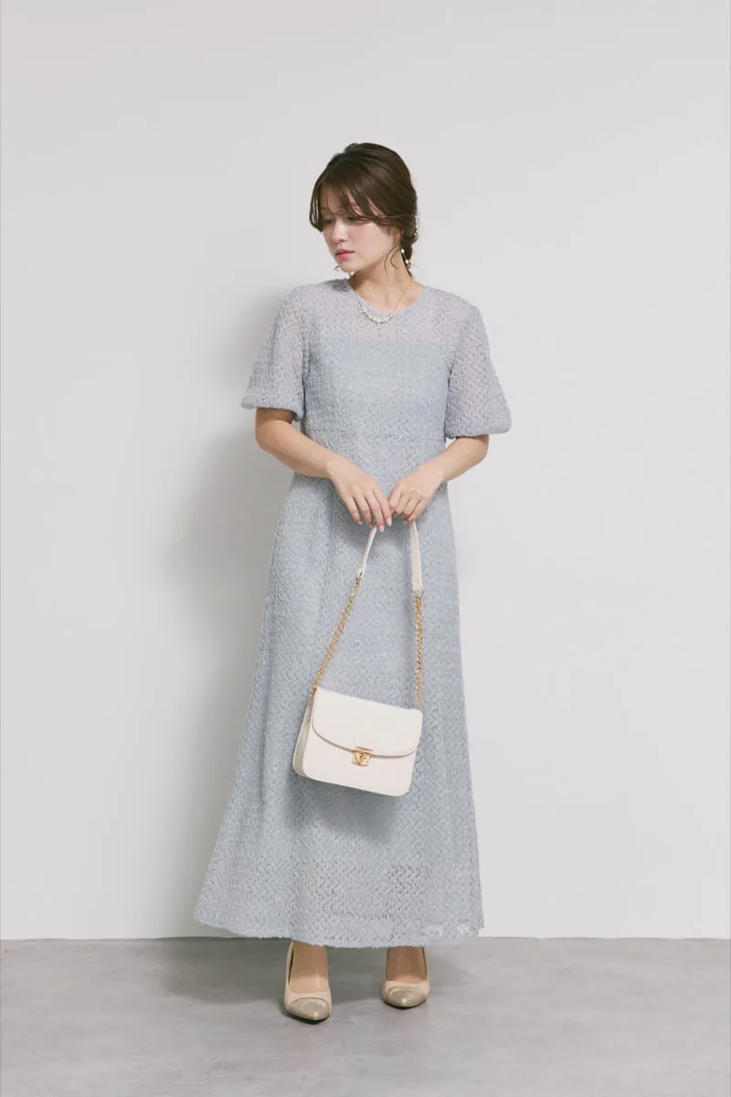 サックスのスパンコールレースドレス　M/kaene