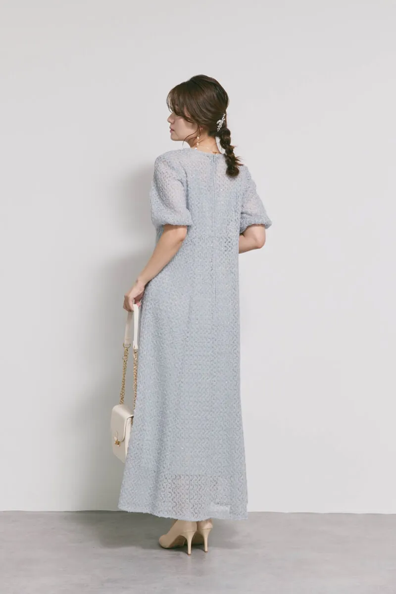 サックスのスパンコールレースドレス　M/kaene