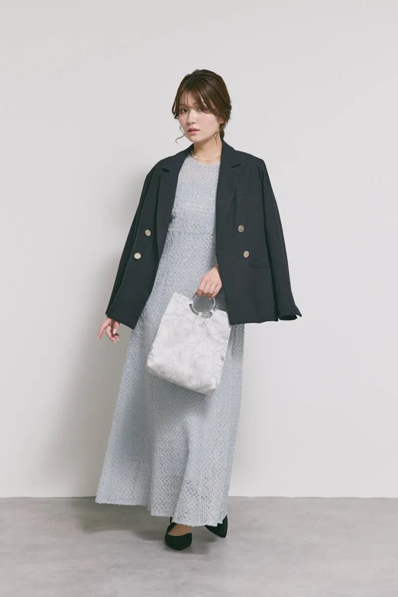 サックスのスパンコールレースドレス　M/kaene