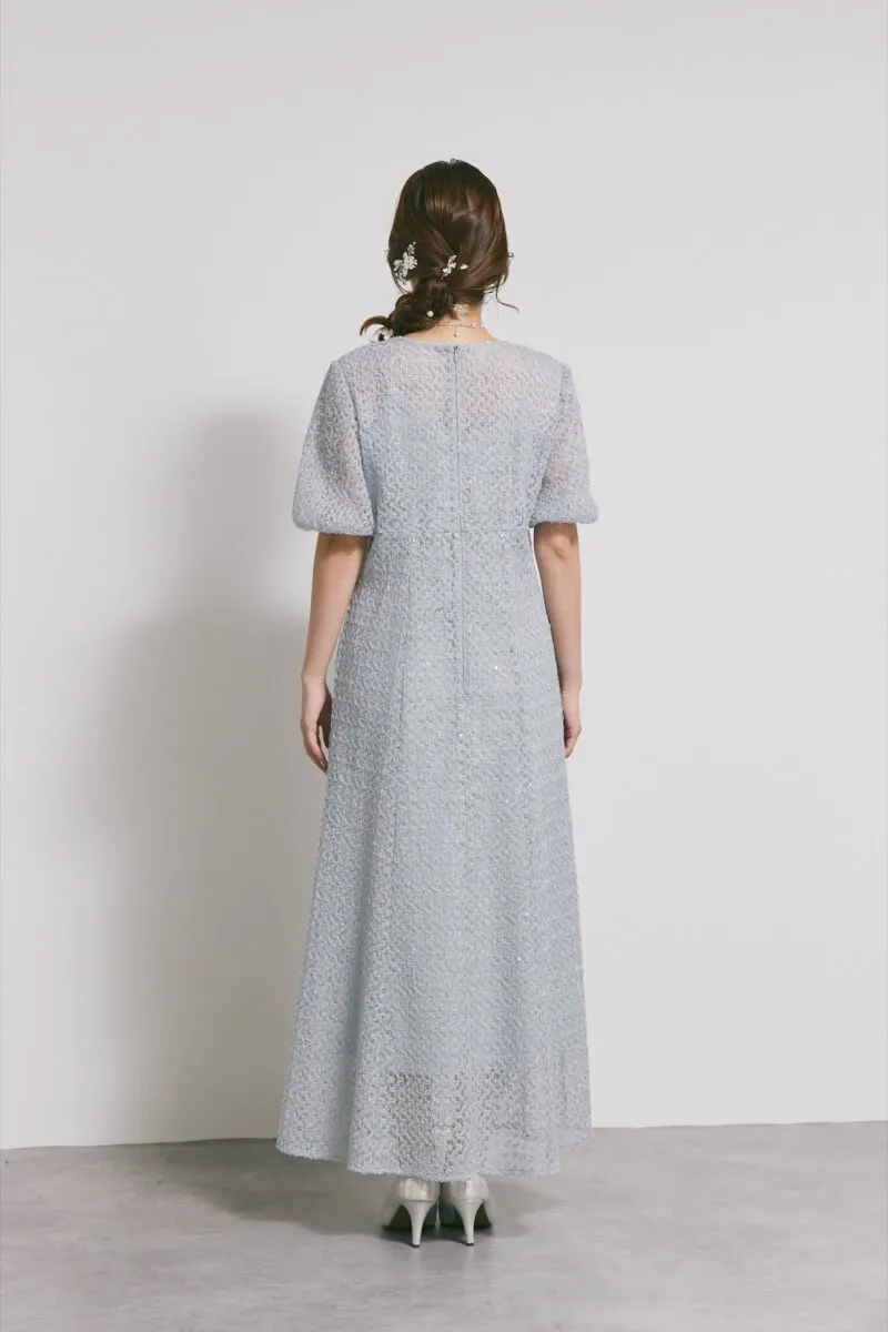 サックスのスパンコールレースドレス　M/kaene