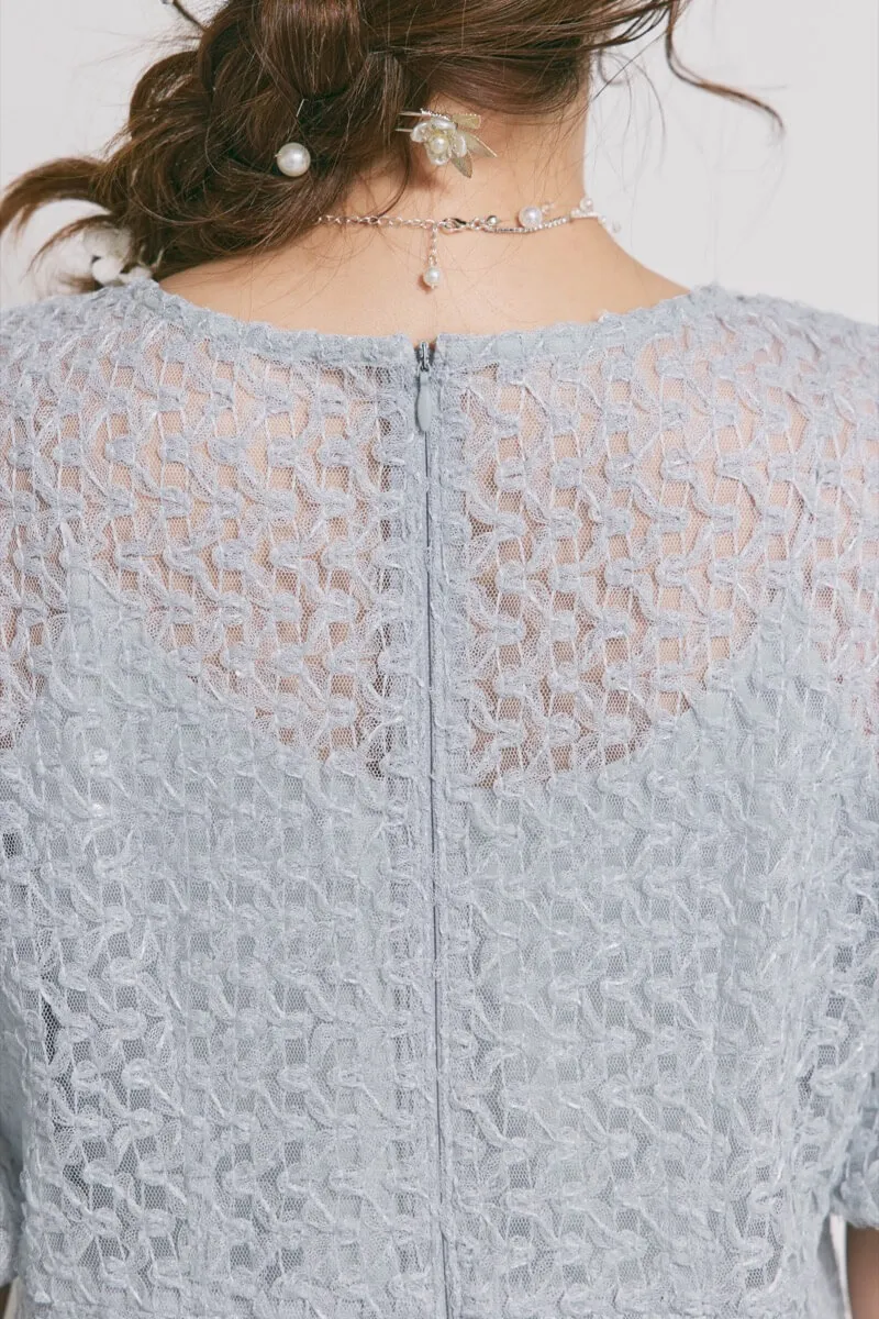 サックスのスパンコールレースドレス　M/kaene